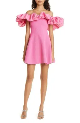 AJE Eldora Ruffle Puff Off the Shoulder Mini Dress In Pink | Size M / Medium for rent on The Volte - image 3