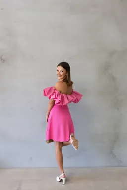 AJE Eldora Ruffle Puff Off the Shoulder Mini Dress In Pink | Size M / Medium for rent on The Volte - image 2