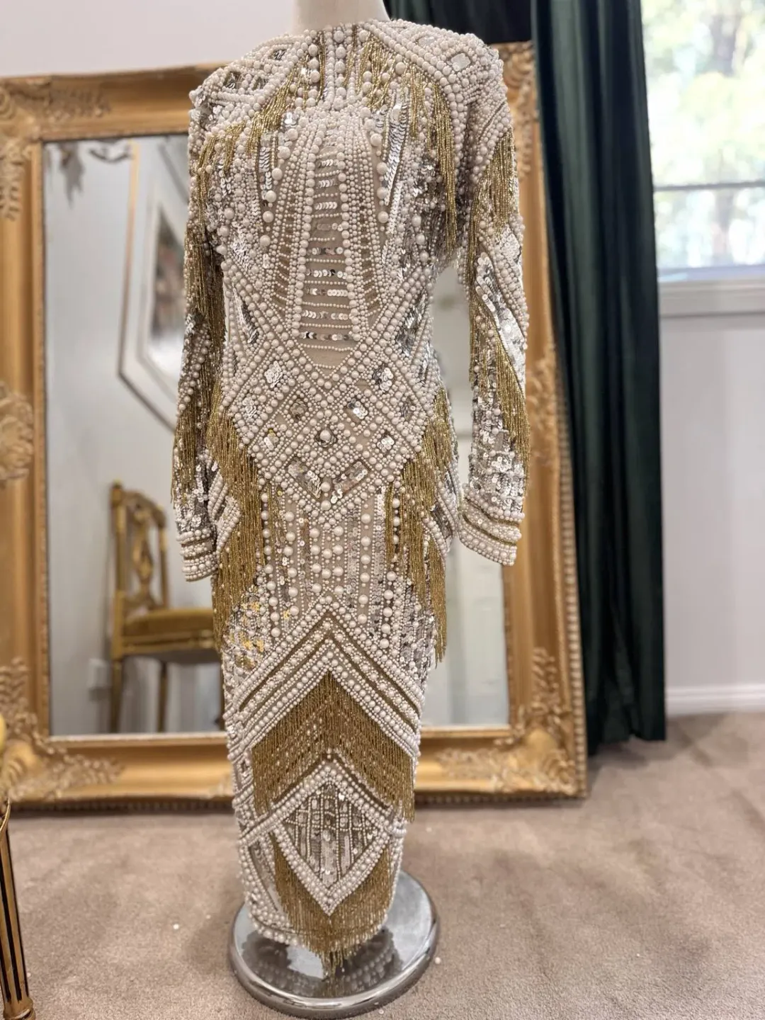ASOS Limited Edition Pearl & Gold Embellished Fringe Midi Dress for rent on The Volte - main image