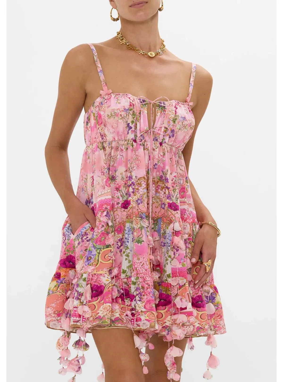 Camilla Gathered Bust Tiered Mini Dress Pink Size 18 - Image 4
