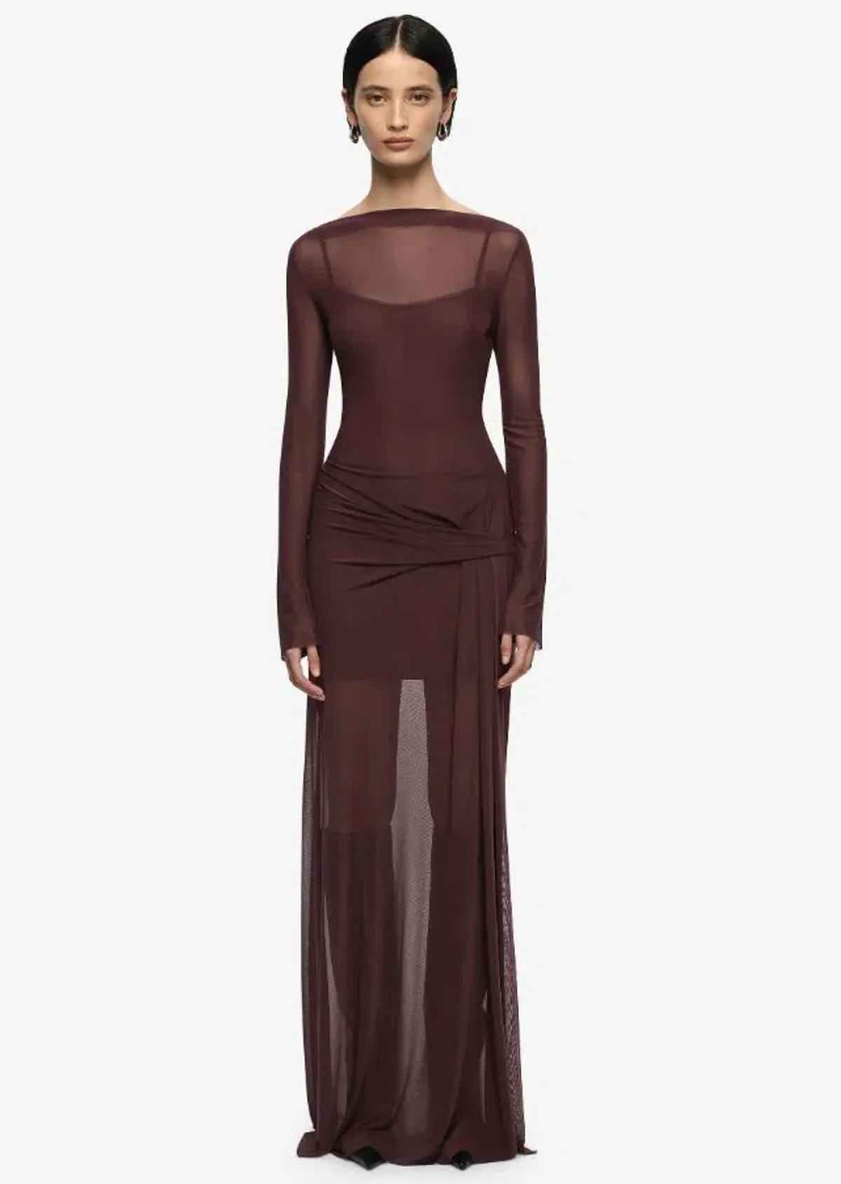 Bec and Bridge Marabou Long Sleeve Maxi Dress in Aubergine Size 8 for rent on The Volte - main image