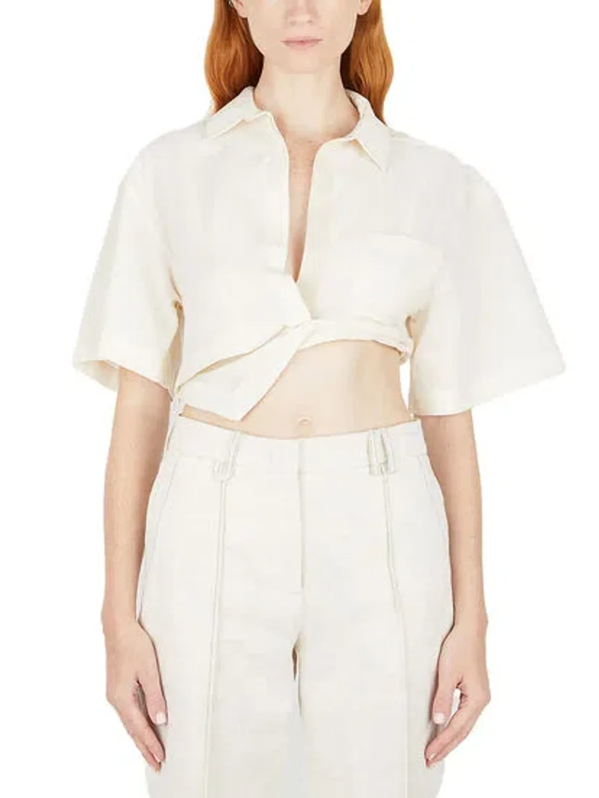 Jacquemus Capri Cotton And Linen-Blend Cropped Beige Shirt Size 38 / AU 10 for rent on The Volte - main image
