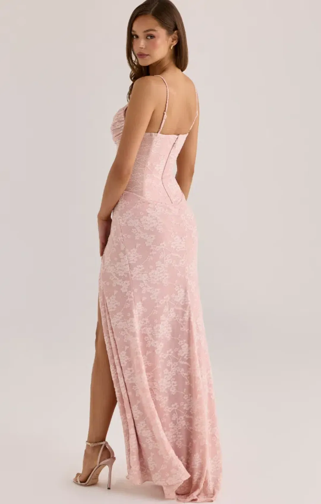 House of CB Sabrine blush floral crystal-embellished lace trim maxi dress Size L for rent on The Volte - main image
