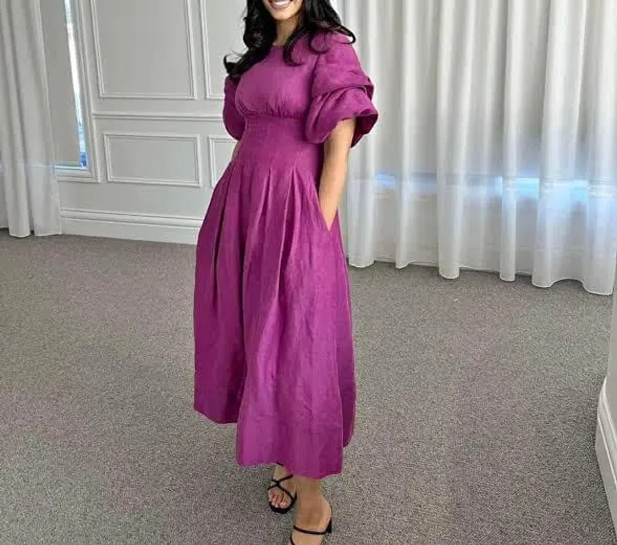 Aje Adelie Puff Sleeve Midi Dress in Plum Purple Size AU 12 - Image 5
