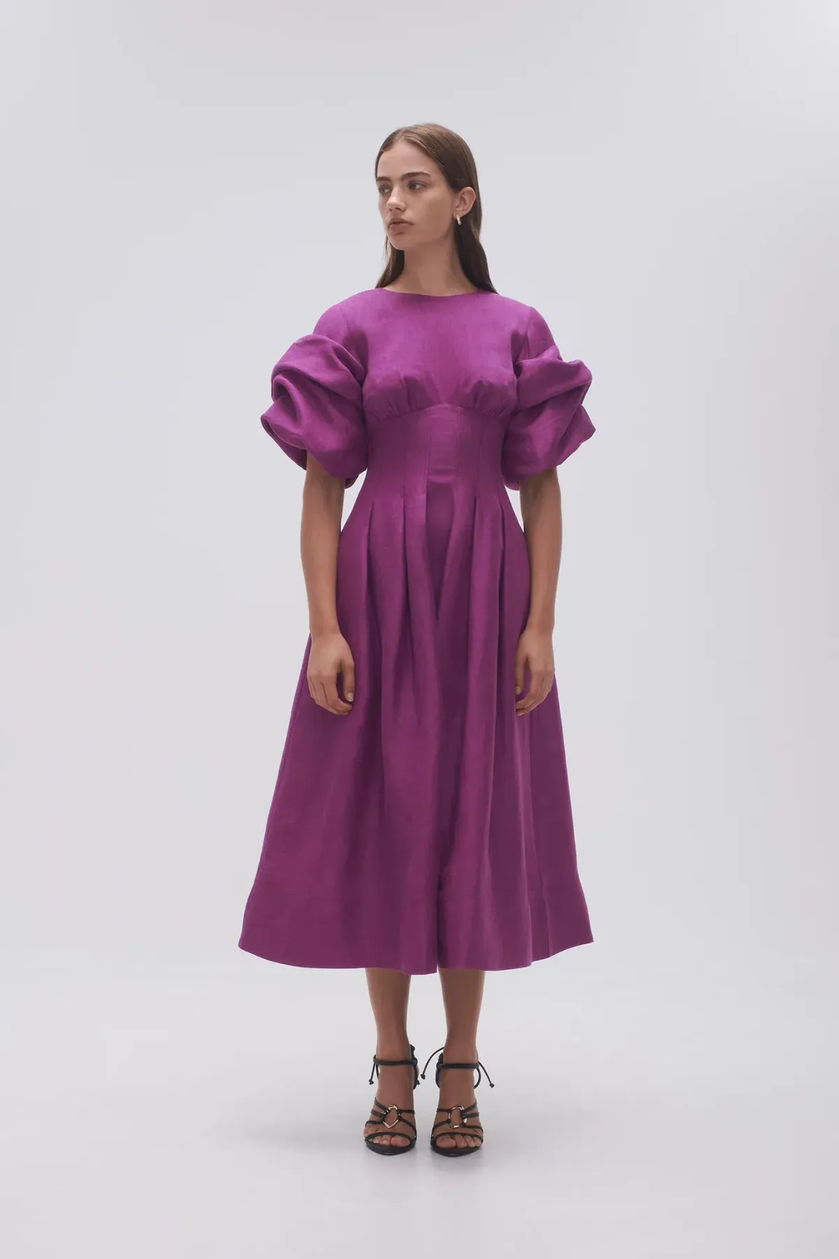 Aje Adelie Puff Sleeve Midi Dress in Plum Purple Size AU 12 - Image 2