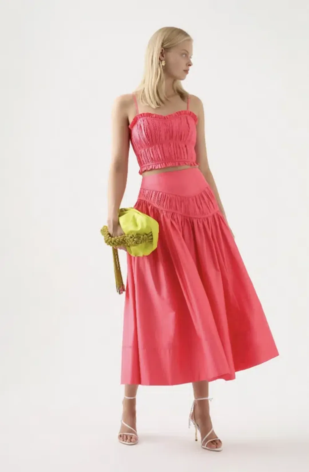 AJE 2-piece size 8 Pepper Ruched Bodice & Curve Midi Skirt Rouge Pink for rent on The Volte - main image