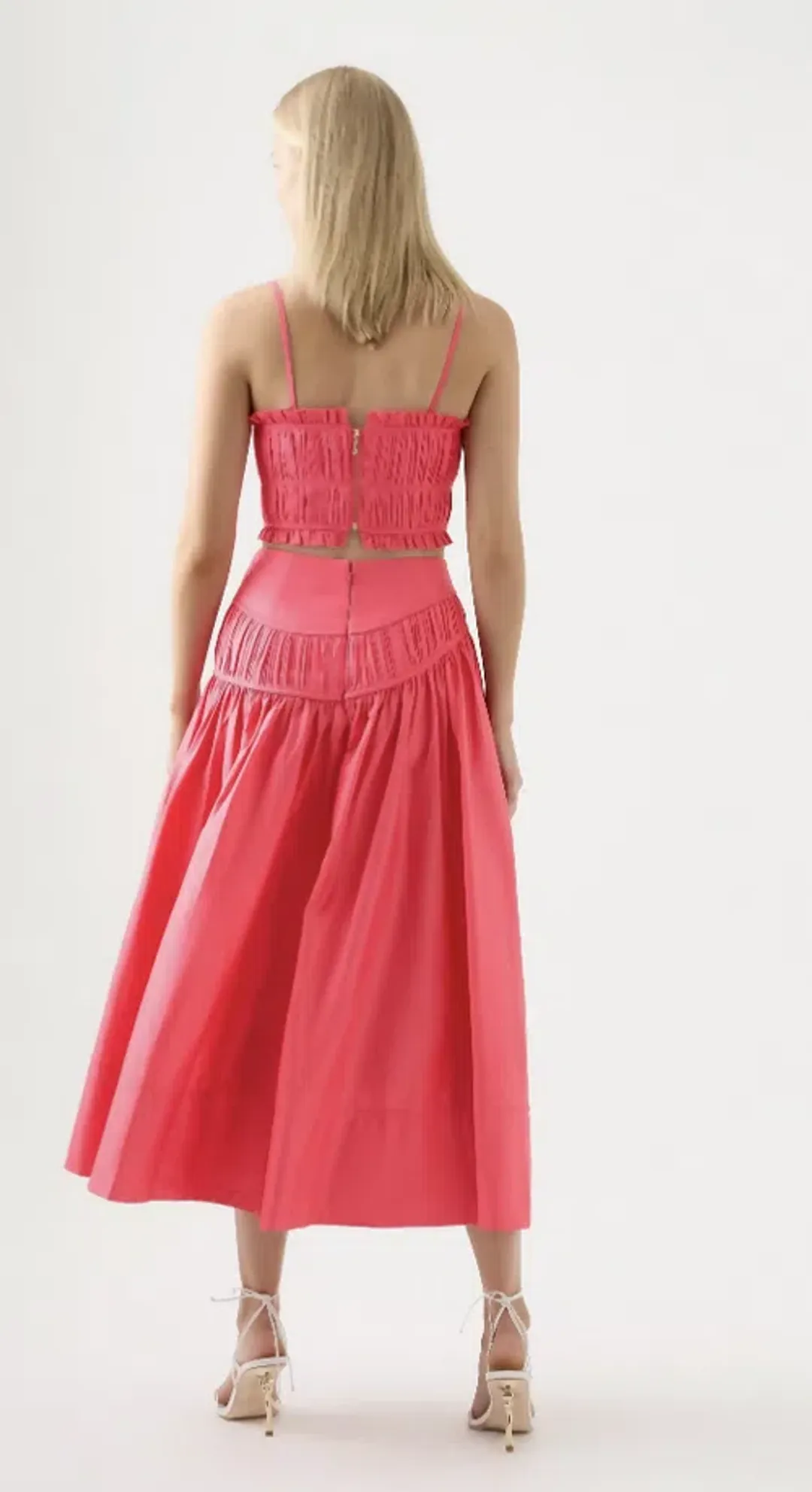 AJE 2-piece size 8 Pepper Ruched Bodice & Curve Midi Skirt Rouge Pink for rent on The Volte - main image
