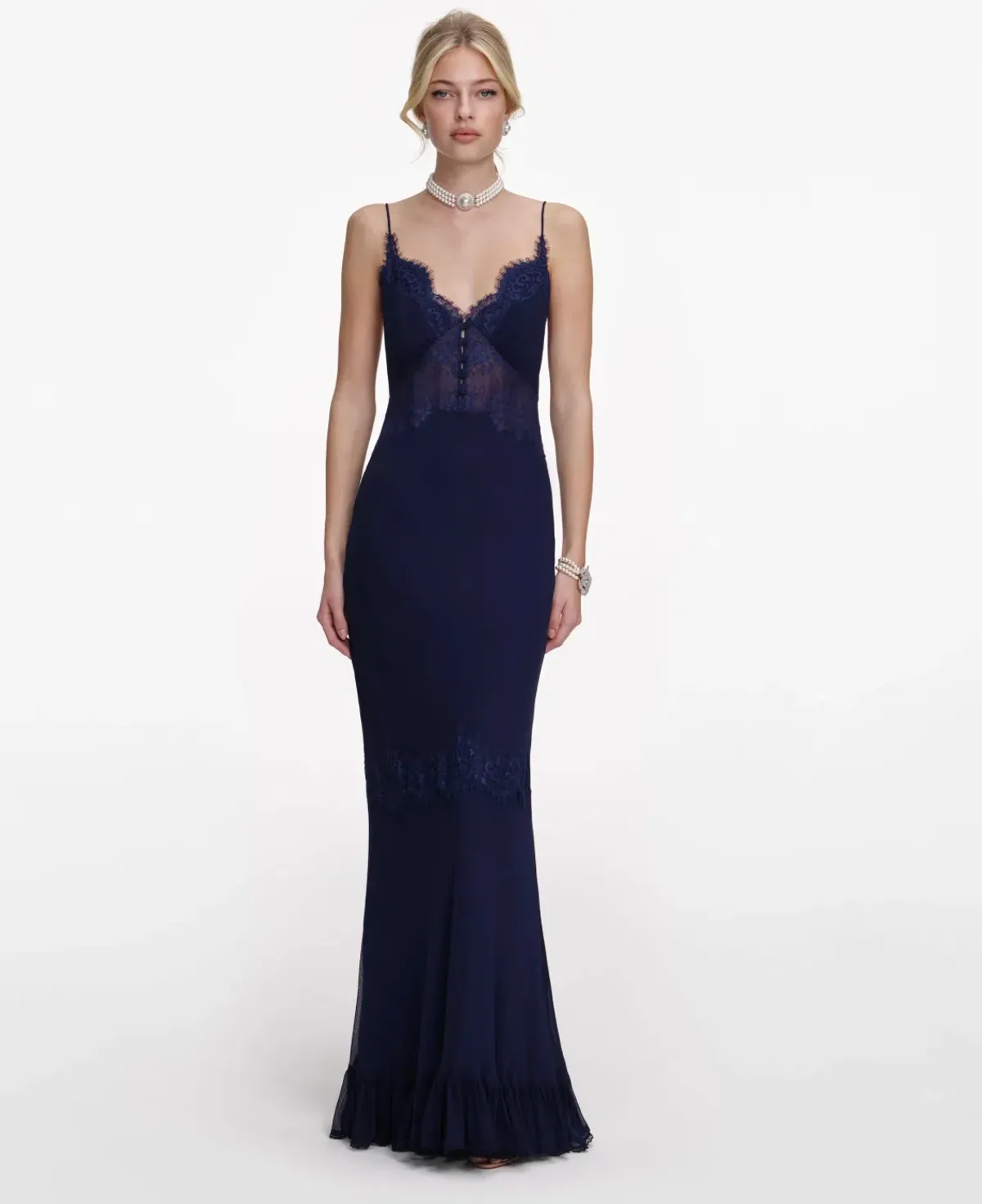 Self Portrait Navy Lace Georgette Maxi Dress Size 8 for rent on The Volte - main image