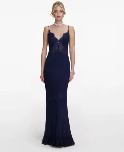 Self Portrait Navy Lace Georgette Maxi Dress Size 8 for rent on The Volte - image 1