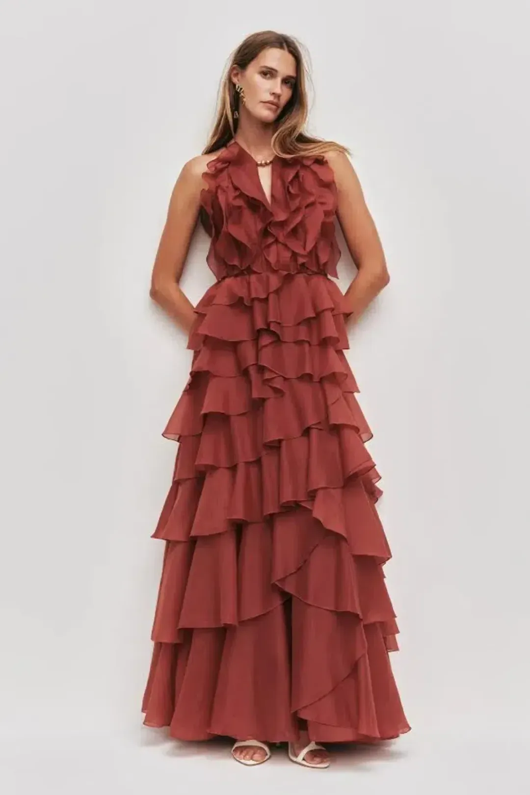 🤎 Aje Cleo Gown in Rust Brown - Size 14 - Ruffle Tiered Maxi Dress 🤎 for rent on The Volte - main image