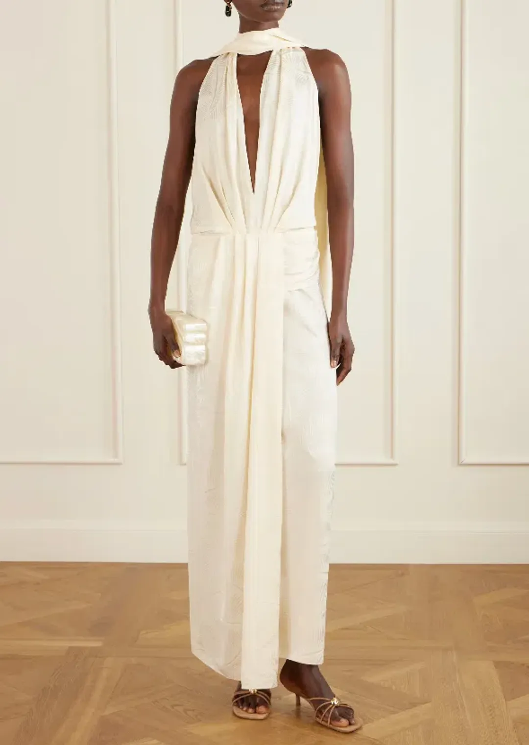 JOHANNA ORTIZ Wildly Beautiful tasseled satin-jacquard halterneck maxi dress size AU 8 for rent on The Volte - main image