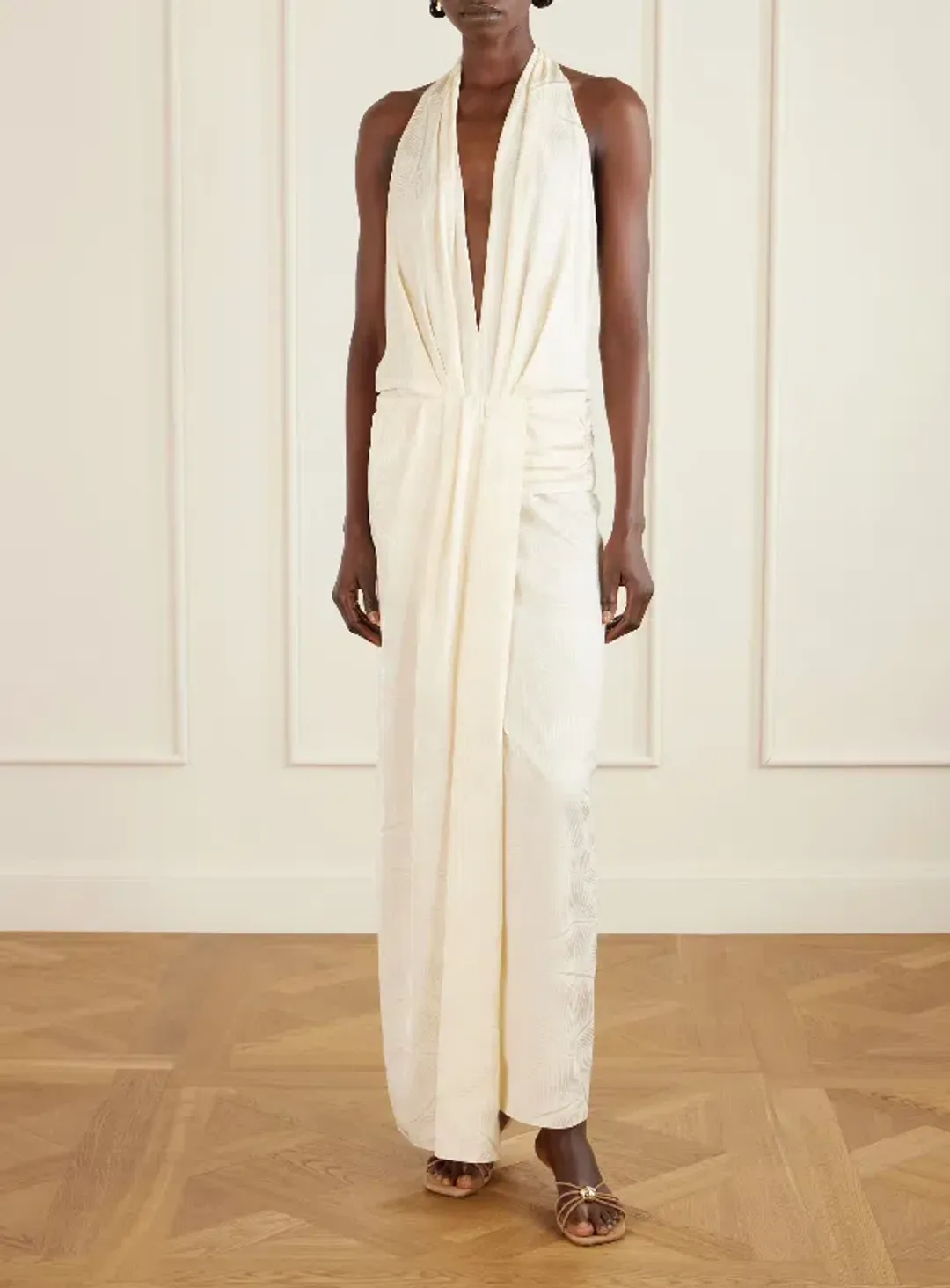 JOHANNA ORTIZ Wildly Beautiful tasseled satin-jacquard halterneck maxi dress size AU 8 for rent on The Volte - main image