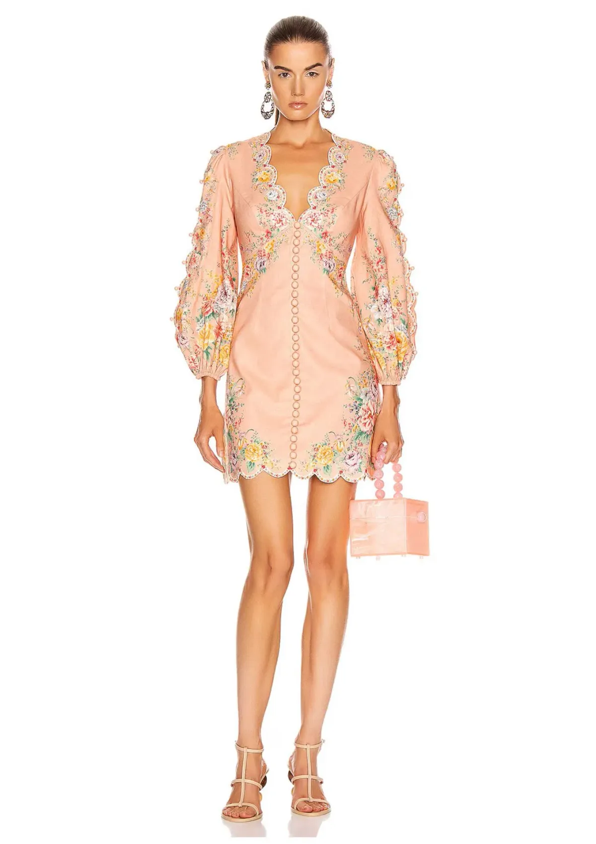 Zimmermann Zinnia Scallop Mini Dress in Coral Floral Size 0 (AU 8) for rent on The Volte - main image