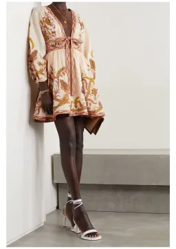 Zimmermann Cassia Plunge Bow Mini Dress Cream Bird Floral Size 6 for rent on The Volte - image 1