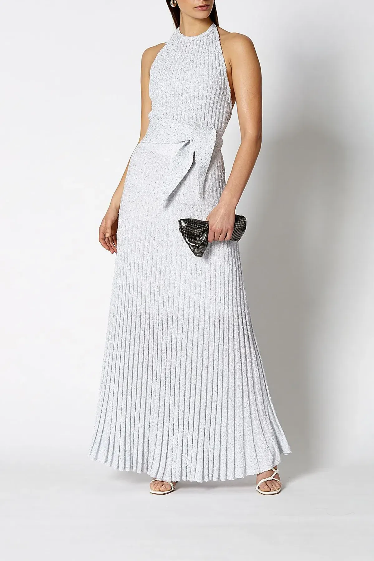 Scanlan Theodore Calypso Tinsel Halter Gown Pale Grey Size S / Au 8 for rent on The Volte - main image