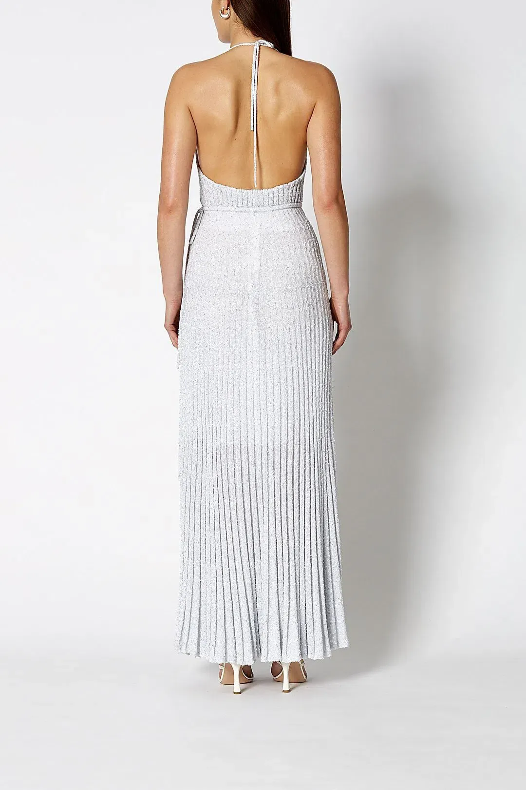 Scanlan Theodore Calypso Tinsel Halter Gown Pale Grey Size S / Au 8 for rent on The Volte - main image