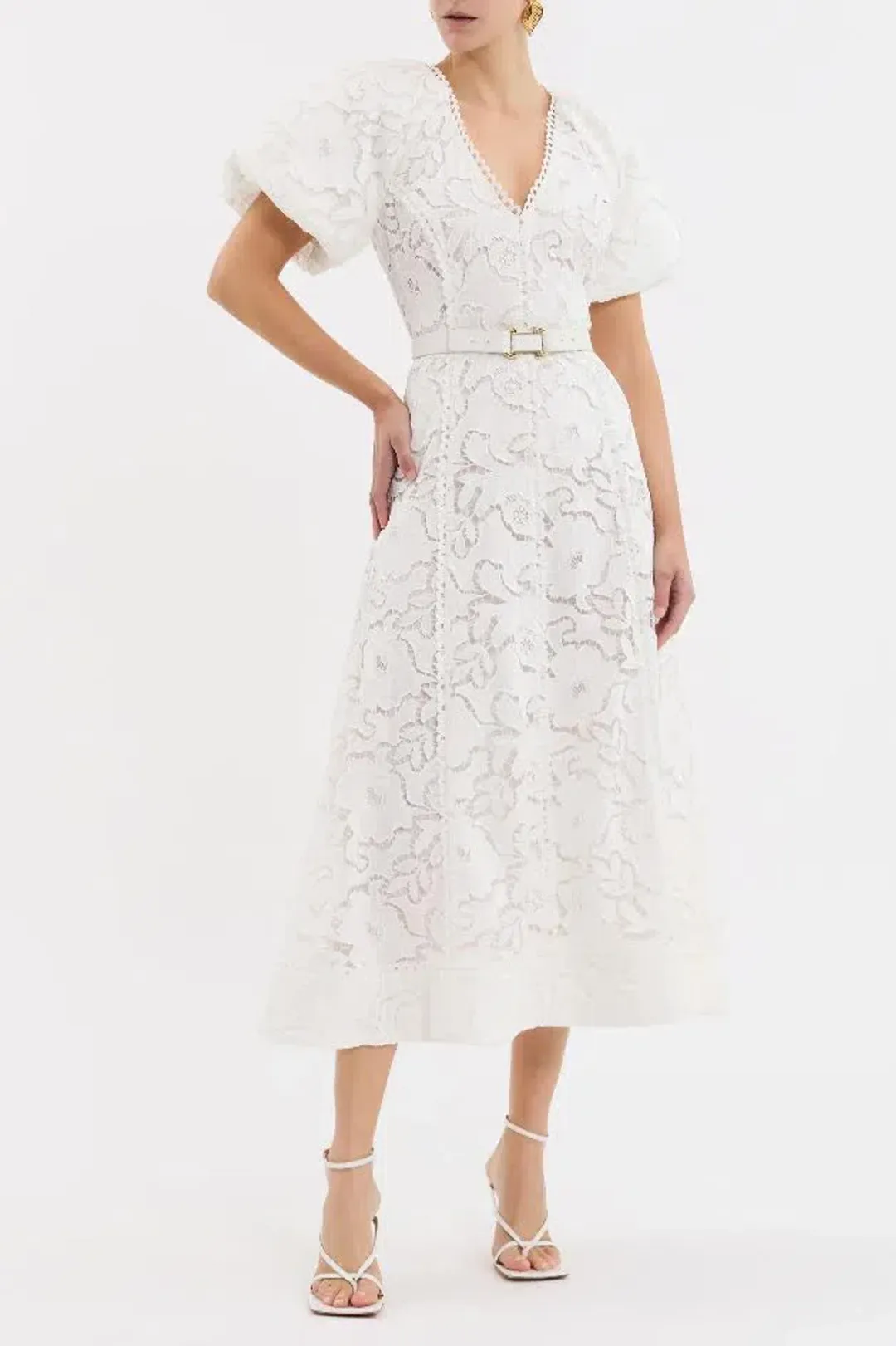 New REBECCA VALLANCE Ginger Puff Sleeve Midi Dress - Size 6 AU - Ivory White / Hens / Wedding for rent on The Volte - main image