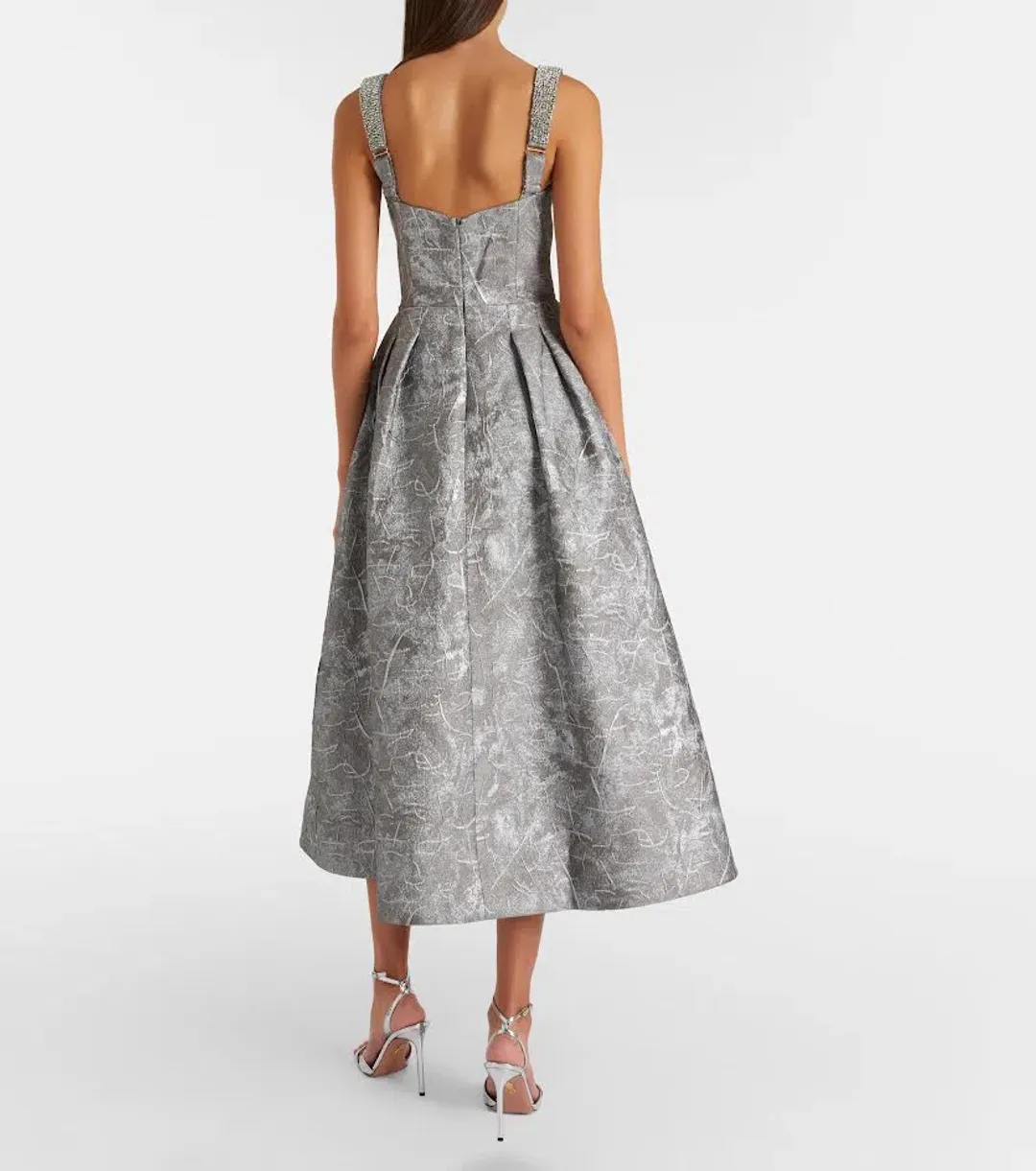 🩶 REBECCA VALLANCE Sterling Cocktail Midi Dress – Silver | Size 12 AU Metallic Embellished Formal Gown🩶 for rent on The Volte - main image
