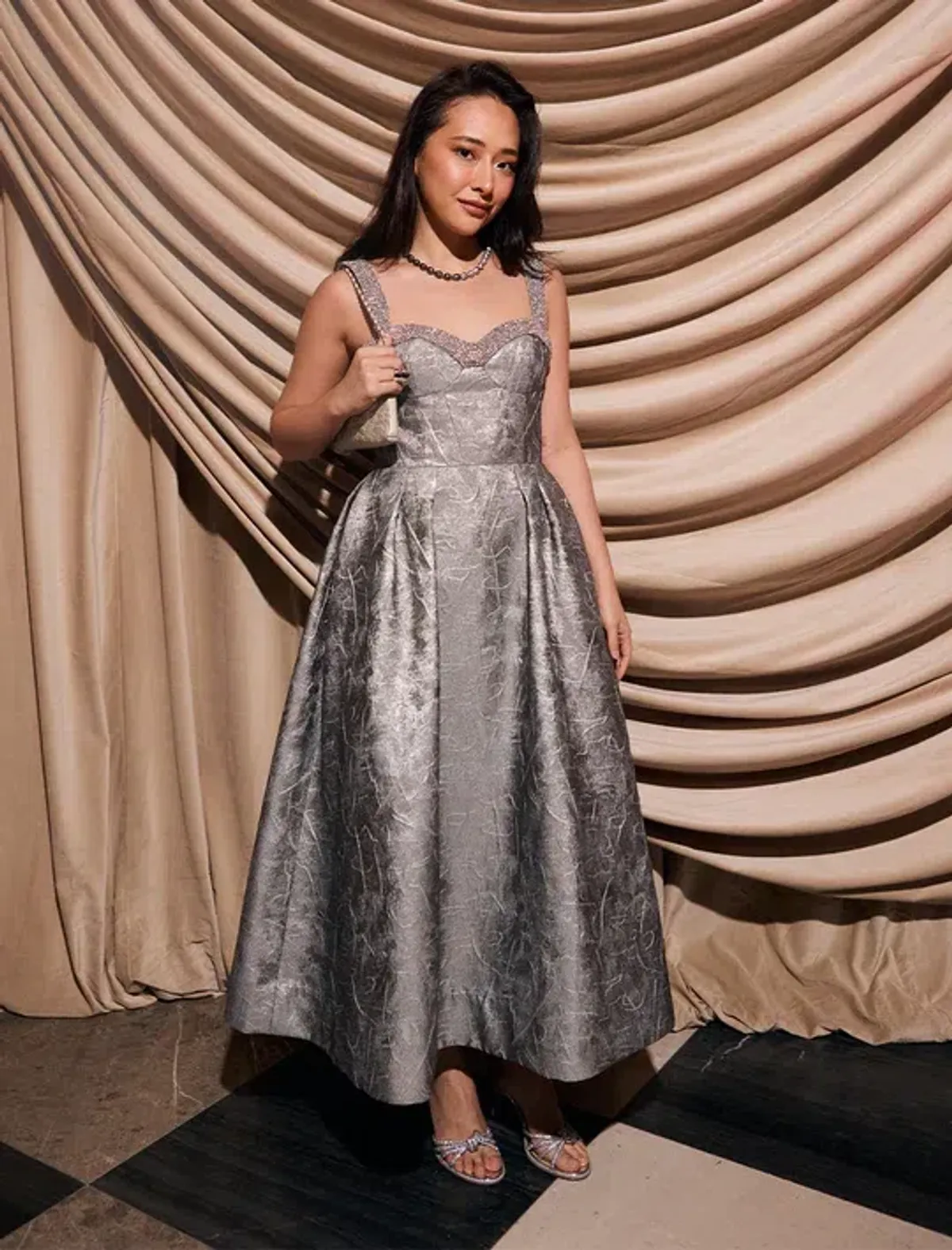 🩶 REBECCA VALLANCE Sterling Cocktail Midi Dress – Silver | Size 12 AU Metallic Embellished Formal Gown🩶 for rent on The Volte - main image