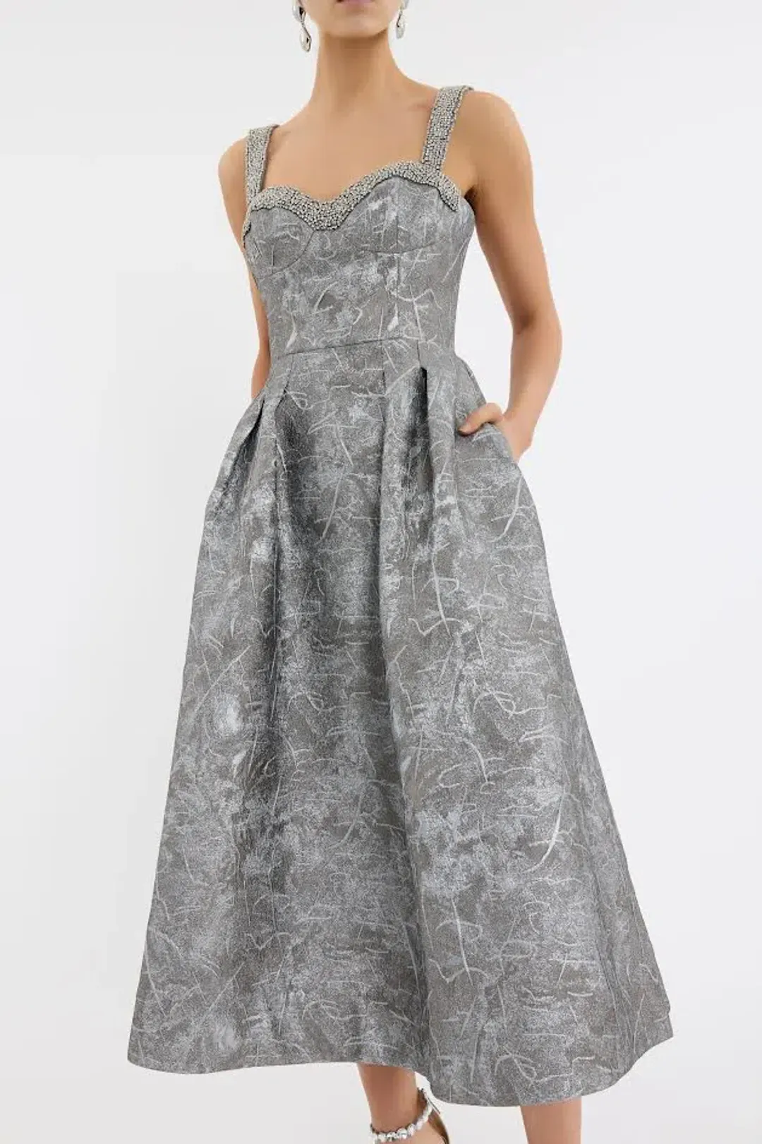 🩶 REBECCA VALLANCE Sterling Cocktail Midi Dress – Silver | Size 12 AU Metallic Embellished Formal Gown🩶 for rent on The Volte - main image