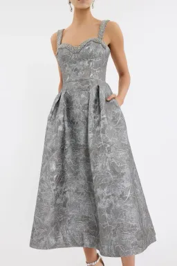 🩶 REBECCA VALLANCE Sterling Cocktail Midi Dress – Silver | Size 12 AU Metallic Embellished Formal Gown🩶 for rent on The Volte - image 3
