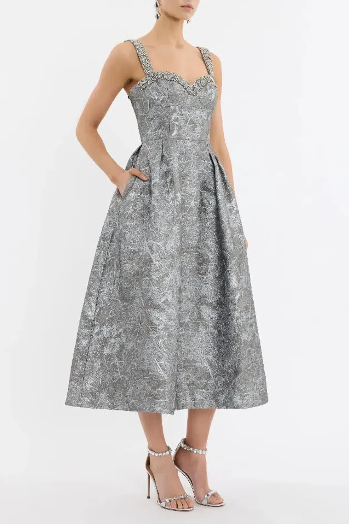 🩶 REBECCA VALLANCE Sterling Cocktail Midi Dress – Silver | Size 12 AU Metallic Embellished Formal Gown🩶 - Image 8