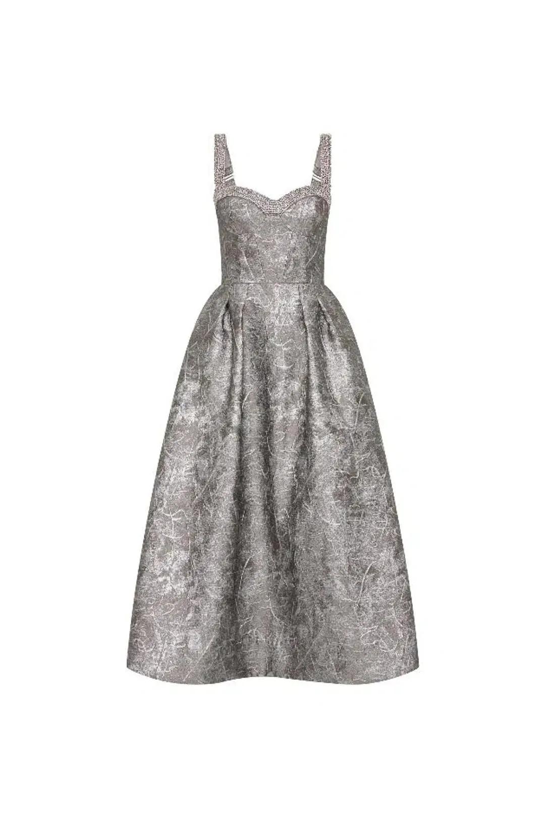 🩶 REBECCA VALLANCE Sterling Cocktail Midi Dress – Silver | Size 12 AU Metallic Embellished Formal Gown🩶 for rent on The Volte - main image