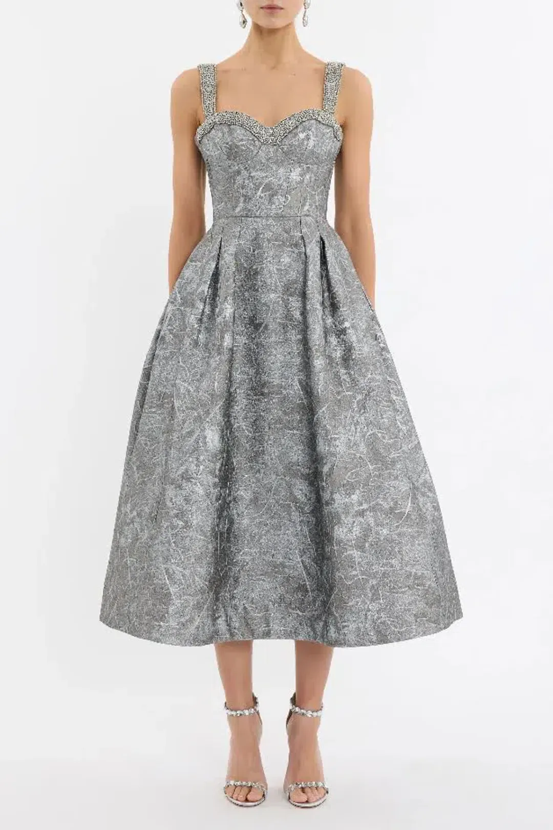 🩶 REBECCA VALLANCE Sterling Cocktail Midi Dress – Silver | Size 12 AU Metallic Embellished Formal Gown🩶 for rent on The Volte - main image