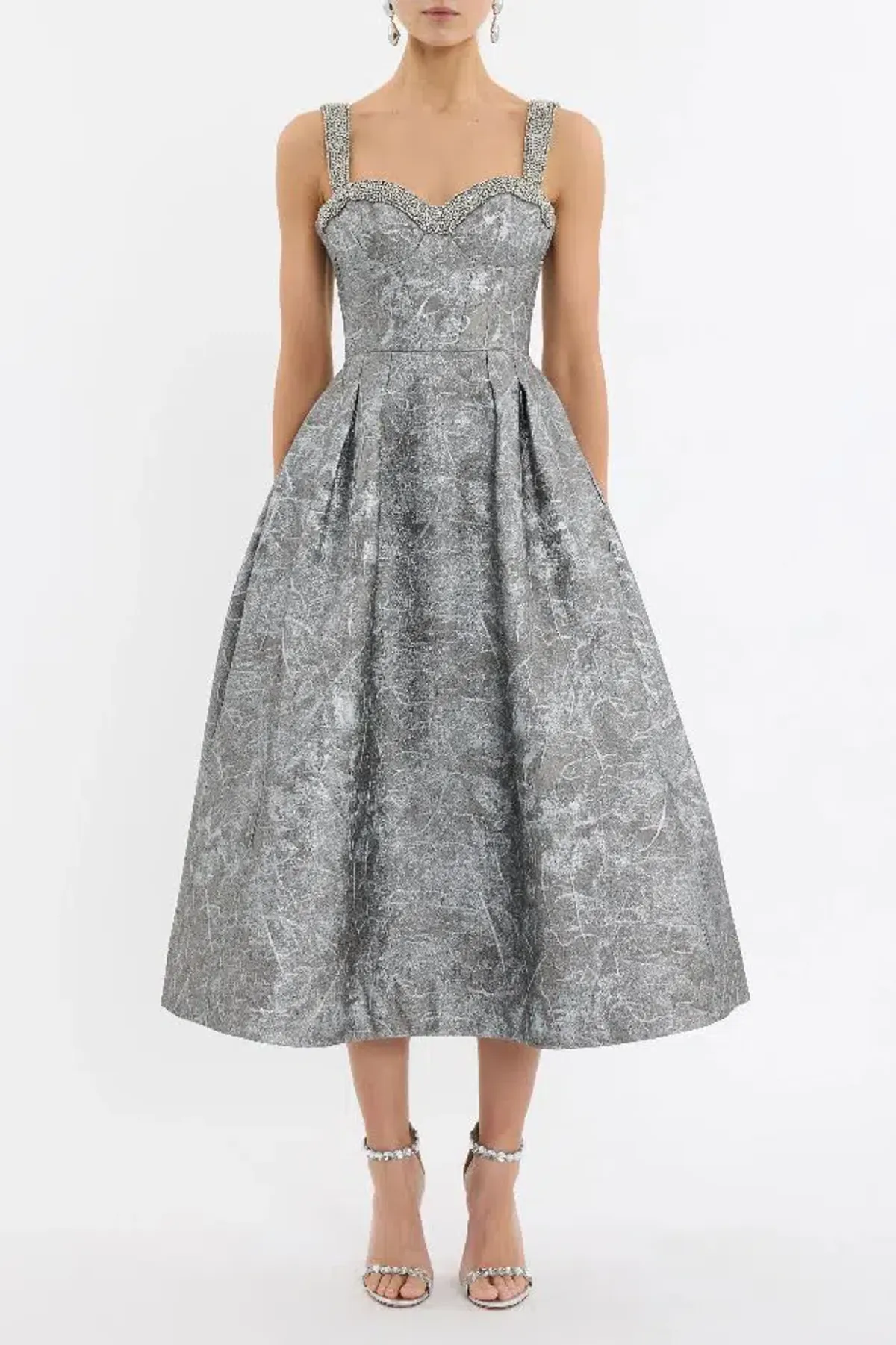 🩶 REBECCA VALLANCE Sterling Cocktail Midi Dress – Silver | Size 12 AU Metallic Embellished Formal Gown🩶 - Image 2