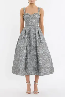 🩶 REBECCA VALLANCE Sterling Cocktail Midi Dress – Silver | Size 12 AU Metallic Embellished Formal Gown🩶 for rent on The Volte - image 2