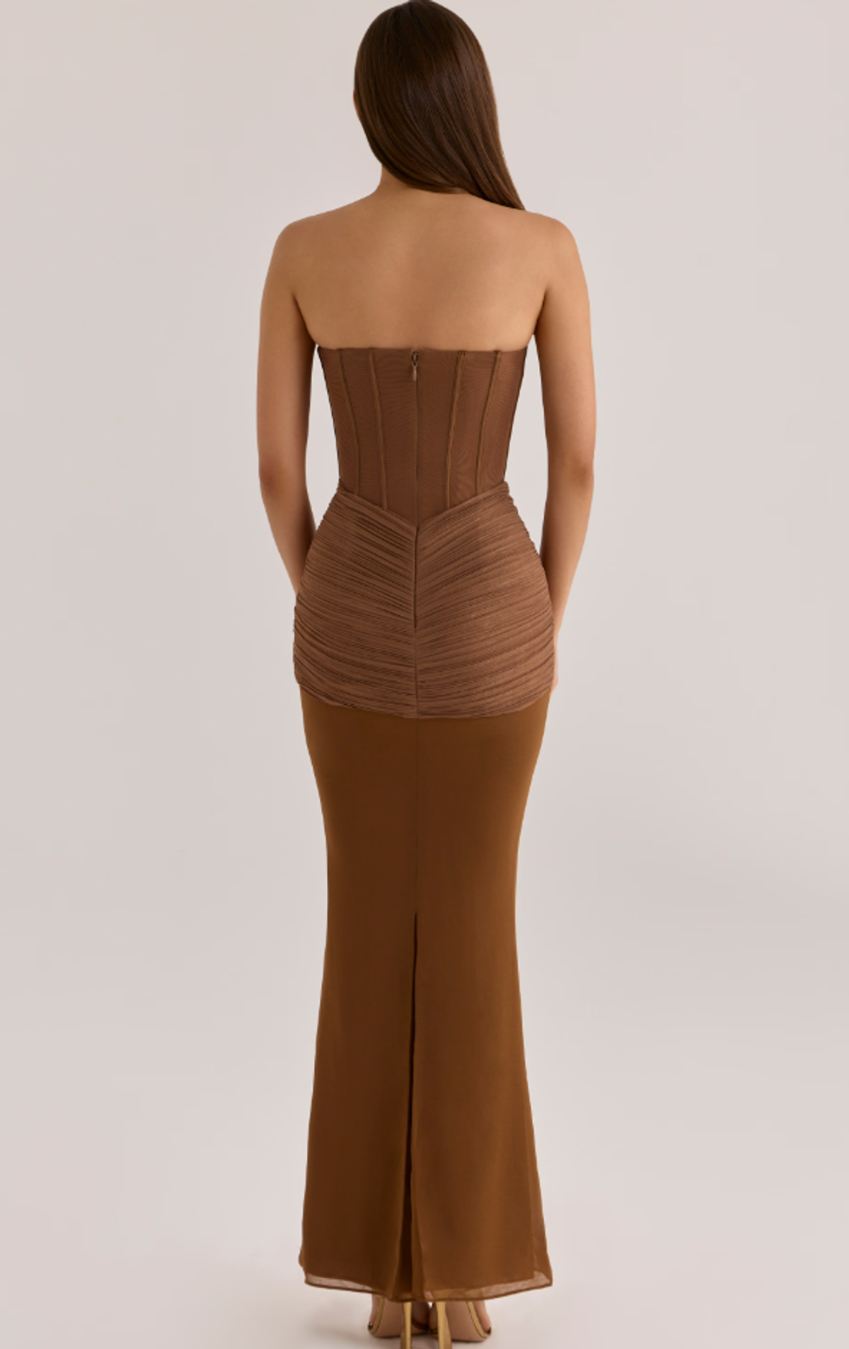 House of CB Charlotte bronze shimmer chiffon + mesh strapless maxi dress Regular cup Size S - Image 2