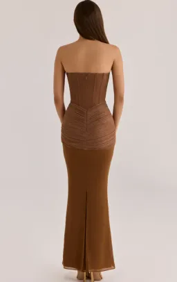 House of CB Charlotte bronze shimmer chiffon + mesh strapless maxi dress Regular cup Size L for rent on The Volte - image 2