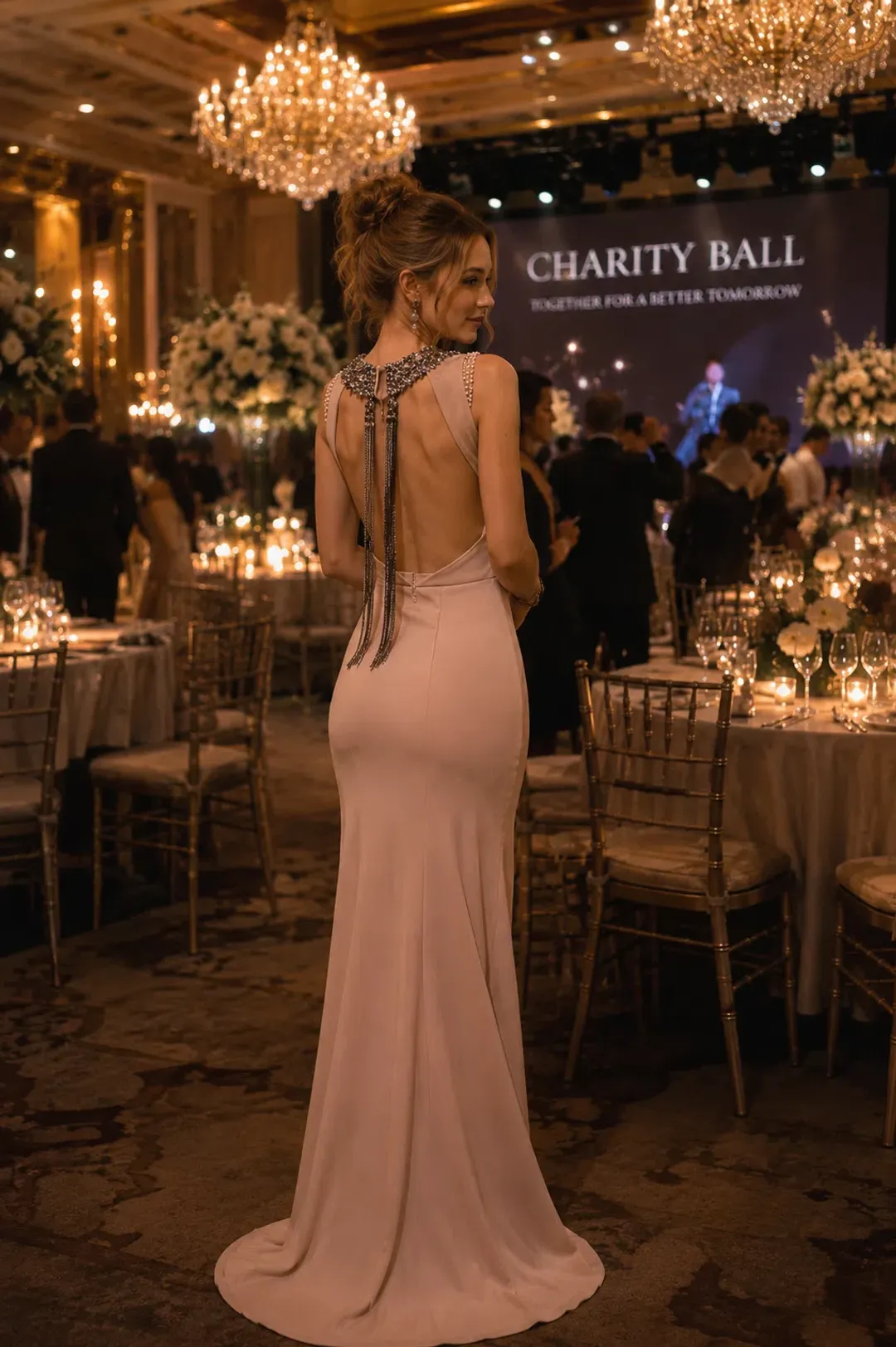 Tarik Ediz – The Blush Whisper | Rare Vintage Crystal Open Back Gown Size 8-10 for rent on The Volte - main image