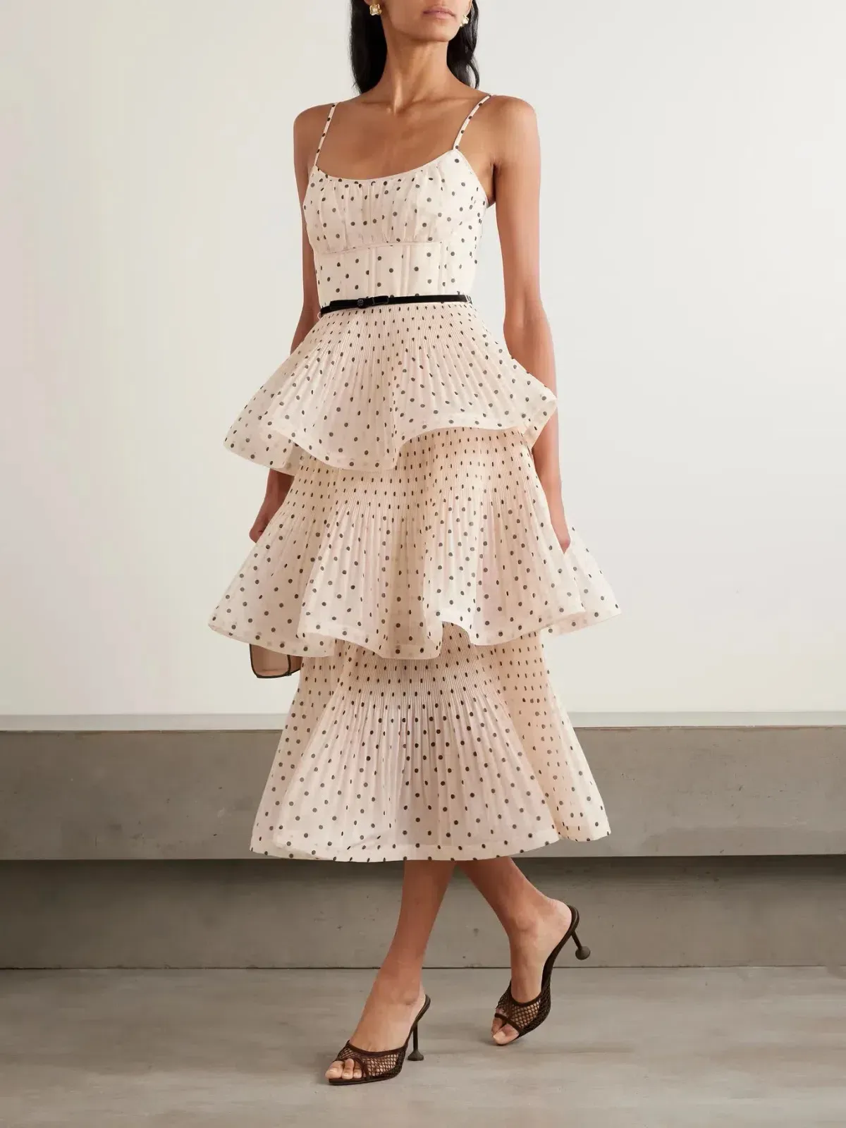 Zimmermann Pleated Tiered Midi Dress in Cream Black Polka Dot Size 1/AU10 - Image 1