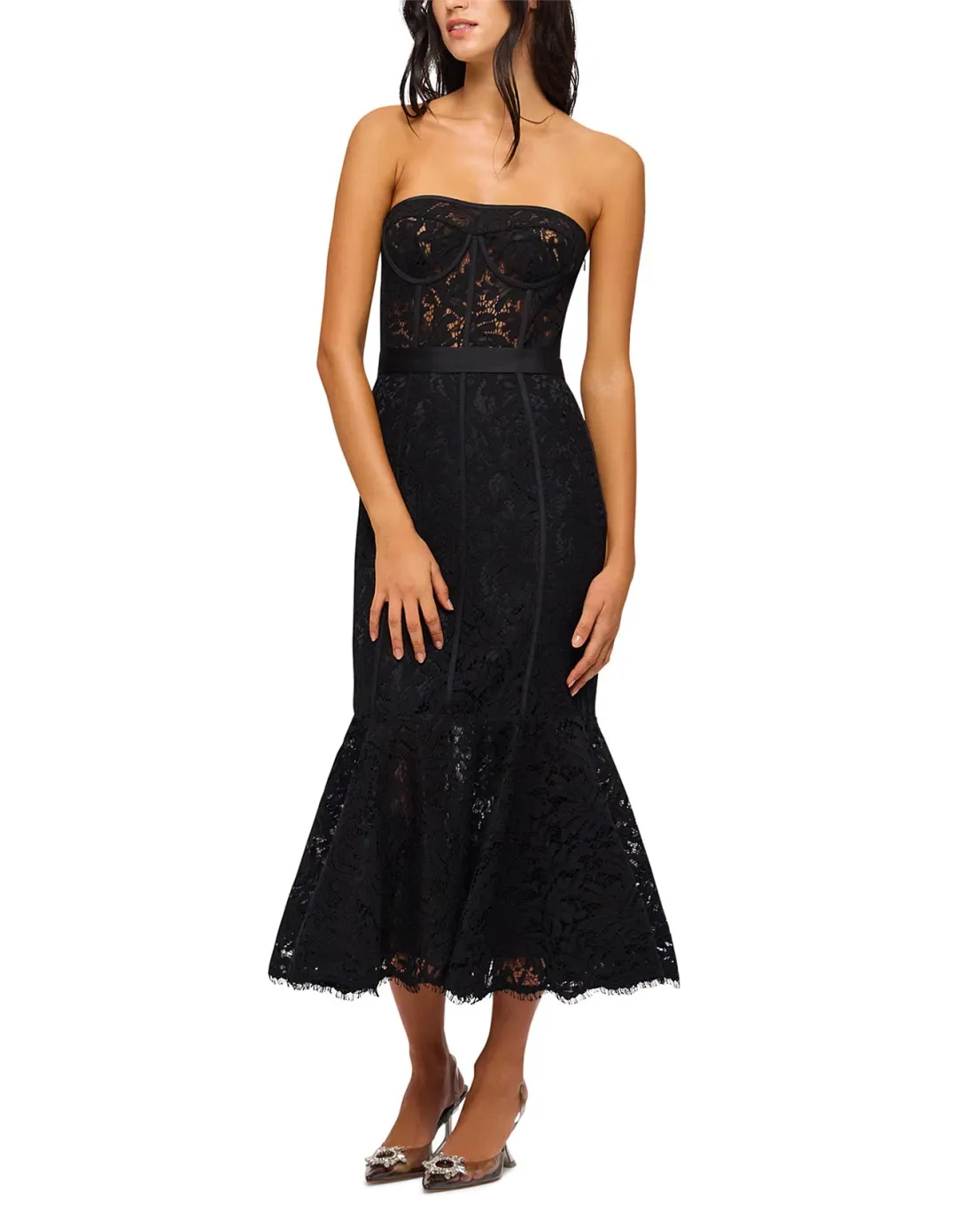 LEO LIN CLOVER LACE BUSTIER RUFFLE MIDI DRESS | Size AU 12 for rent on The Volte - main image