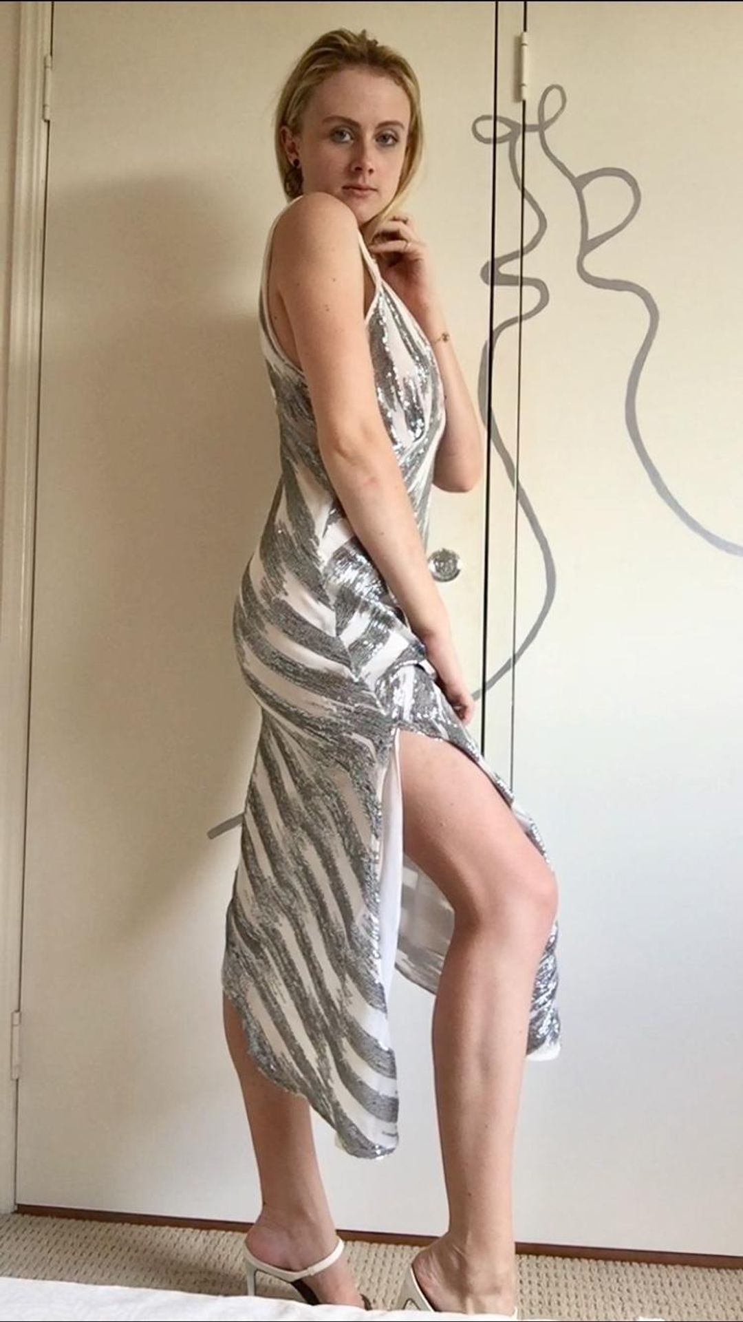 Manning Cartell Sequin Midi Plunging Dress Silver White Size 6 for rent on The Volte - main image