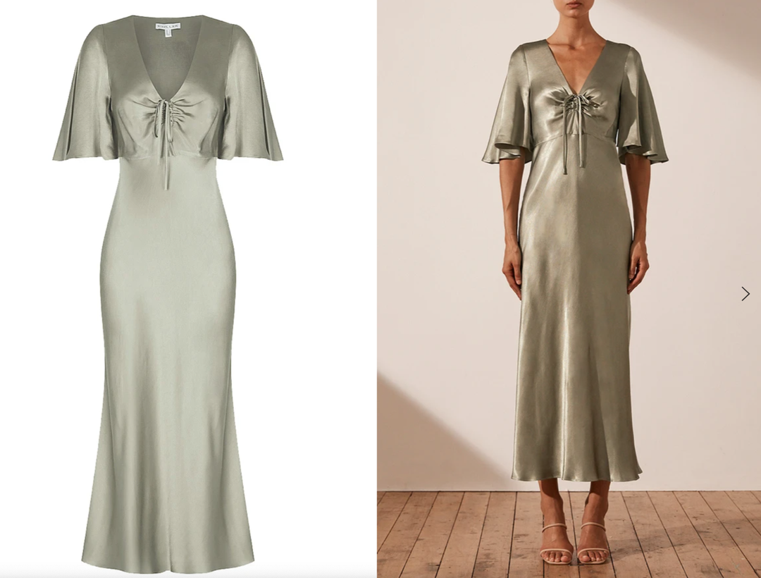 Shona Joy - LA LUNE FLUTTER SLEEVE MIDI DRESS - SAGE size 10 for rent on The Volte - main image