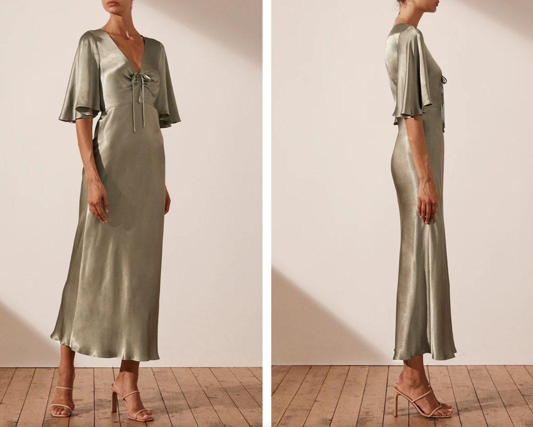 Shona Joy - LA LUNE FLUTTER SLEEVE MIDI DRESS - SAGE size 10 for rent on The Volte - main image