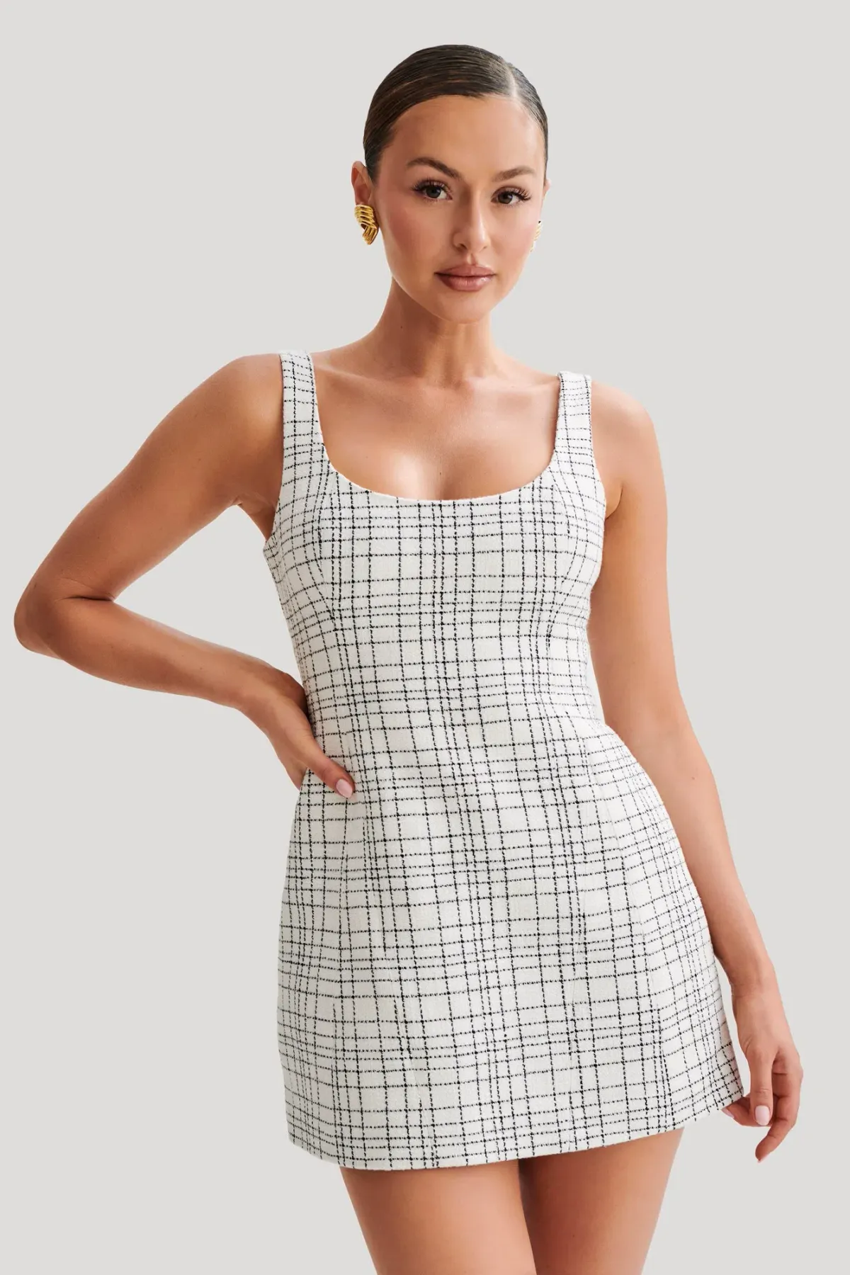 Meshki Beth Tweed Mini Dress White Check Size 8 / S for rent on The Volte - main image