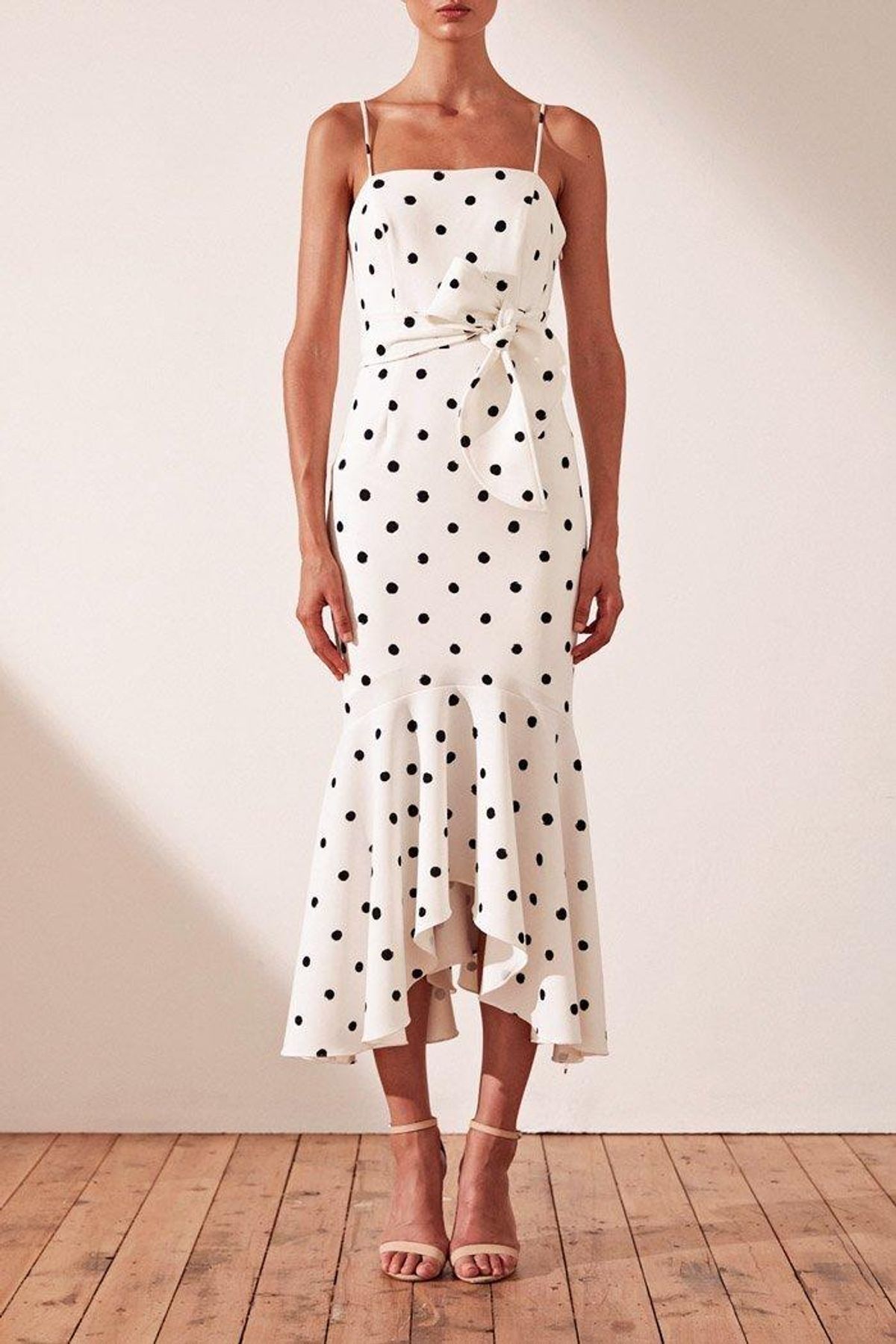 Shona Joy Abigail Trumpet Midi Black & White Polka Dot Size 8 - Image 1