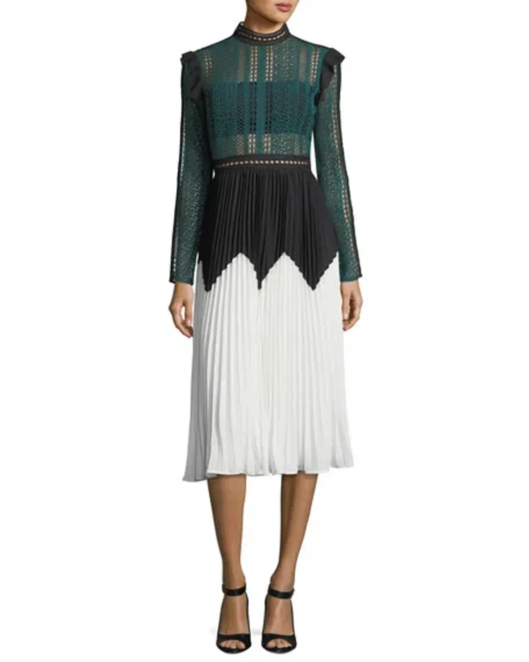 Self Portrait Stripe Panelled Lace Midi Dress Green Size 14 for rent on The Volte - main image