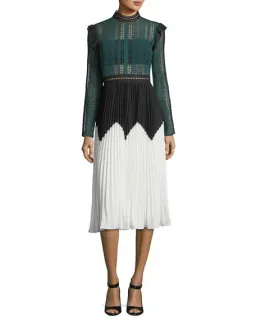 Self Portrait Stripe Panelled Lace Midi Dress Green Size 14 for rent on The Volte - image 1