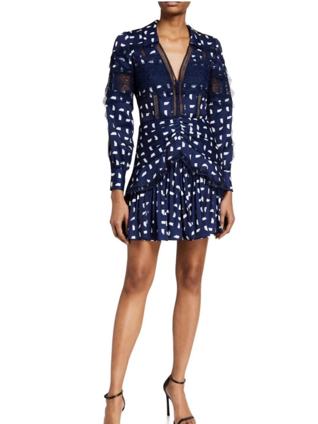 Self Portrait Sail Print Lace Trim Mini Dress navy Size 12 for rent on The Volte - main image