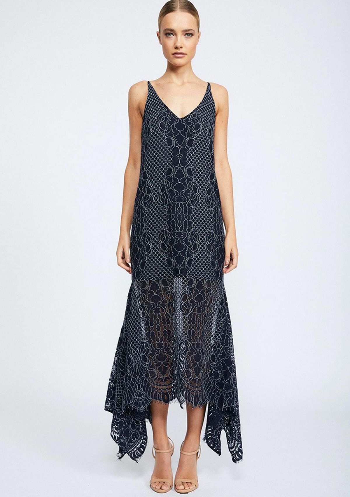 Shona Joy Lace Handkerchief Slip Dress Navy size 8 for rent on The Volte - main image