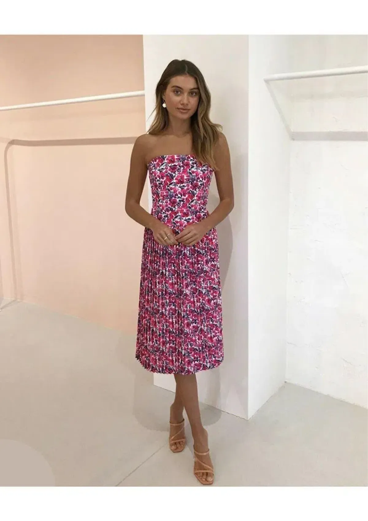 By Johnny Strapless Pleat Midi Dress in Crimson Cotton Candy Floral Size 6 - Image 3