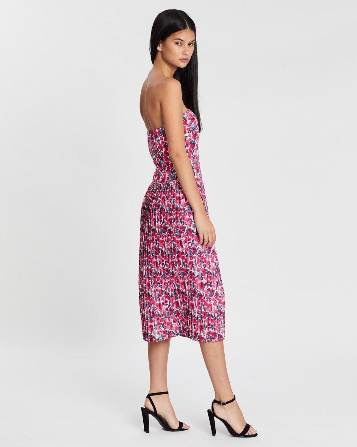 By Johnny Strapless Pleat Midi Dress in Crimson Cotton Candy Floral Size 6 - Image 2