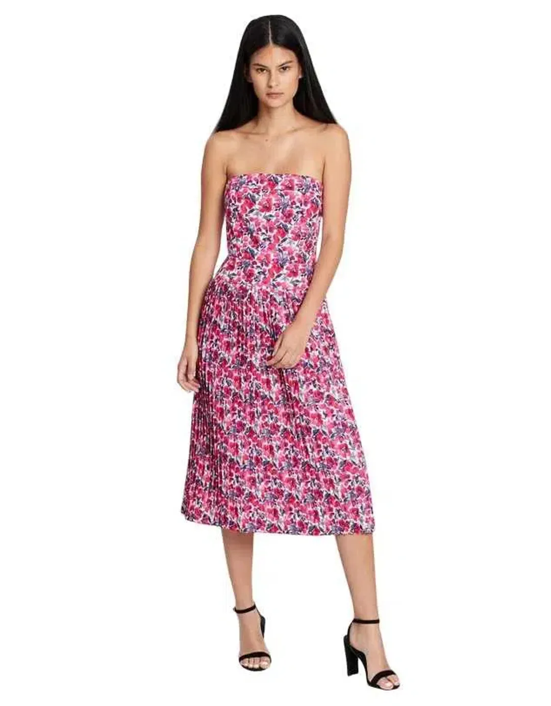 By Johnny Strapless Pleat Midi Dress in Crimson Cotton Candy Floral Size 6 for rent on The Volte - main image