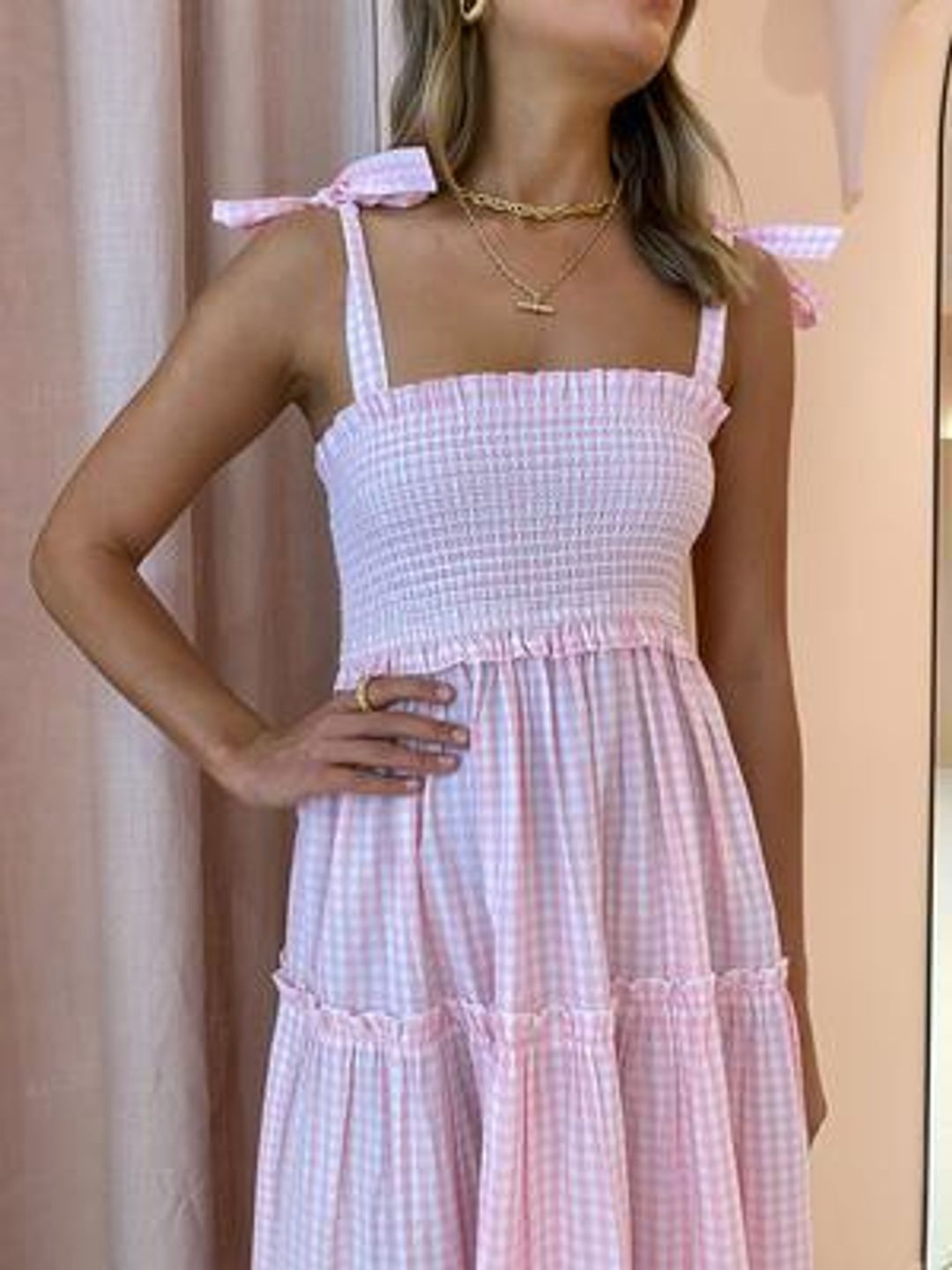 Steele Lyla Dress Blush Pink Check Size XS / AU 6 for rent on The Volte - main image