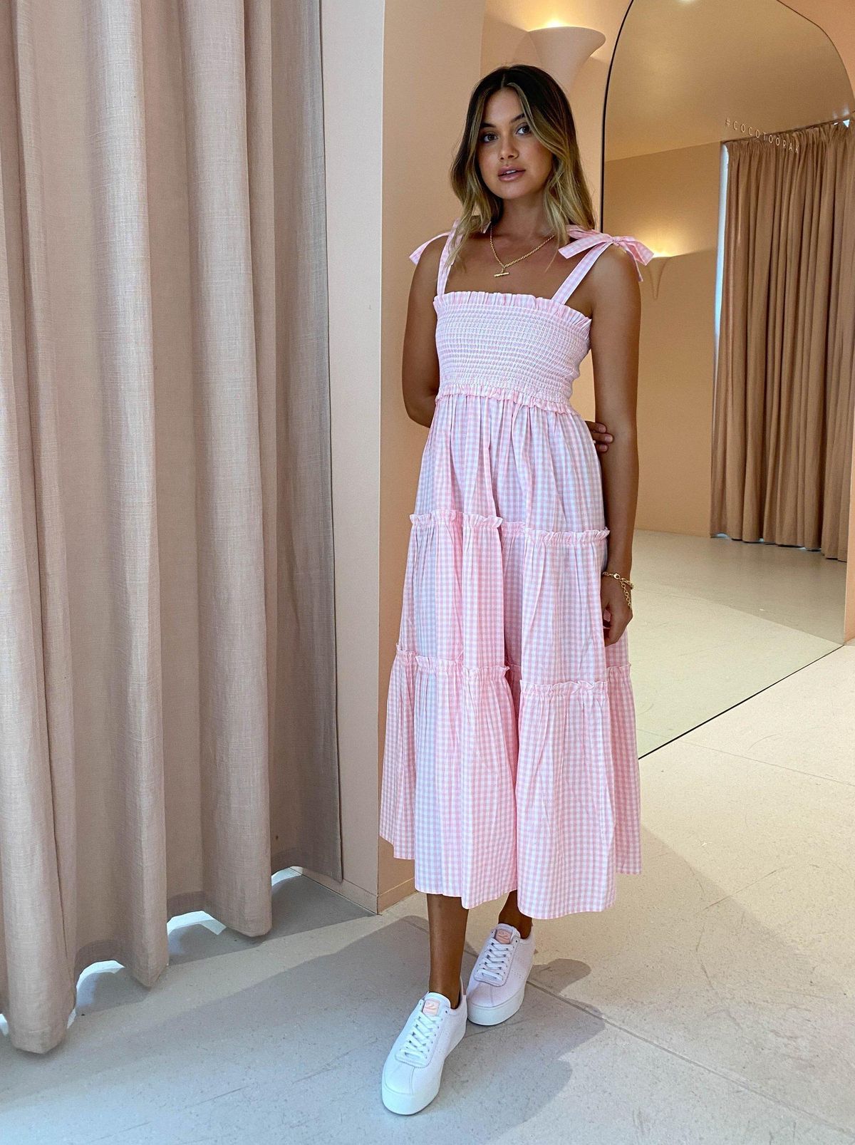 Steele Lyla Dress Blush Pink Check Size XS / AU 6 for rent on The Volte - main image