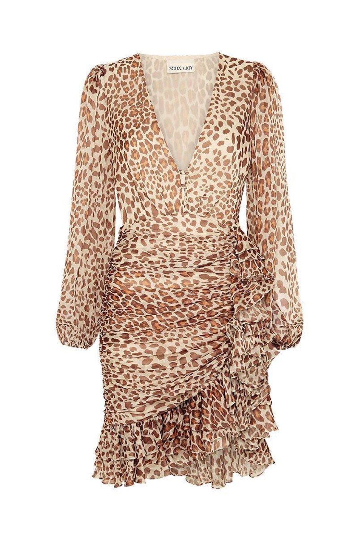 Shona Joy Ghetty Plunged Ruched Mini Dress Animal Print Size 6 - Image 3
